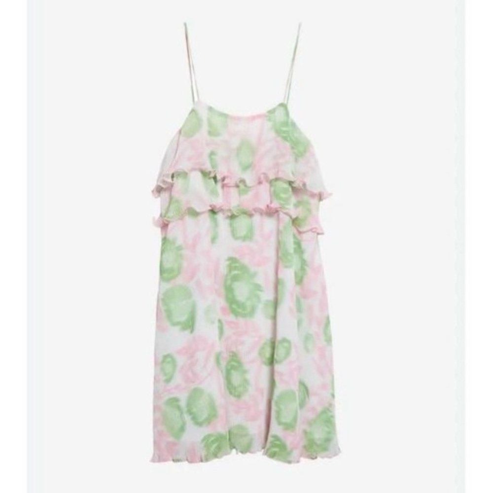 Ganni Pink and Green Floral Ruffle Mini Dress